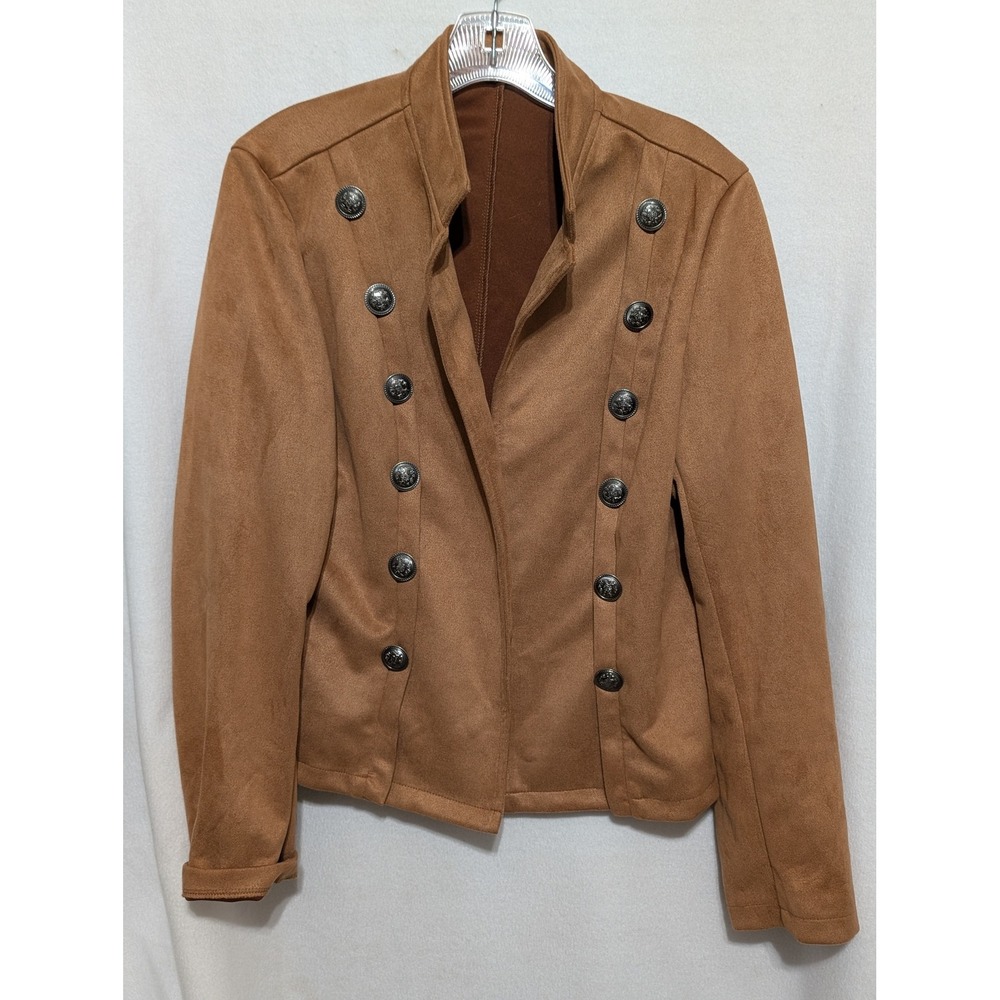 Womens Camel Faux Suede Military Jacket Double Breasted Crest Button Blazer